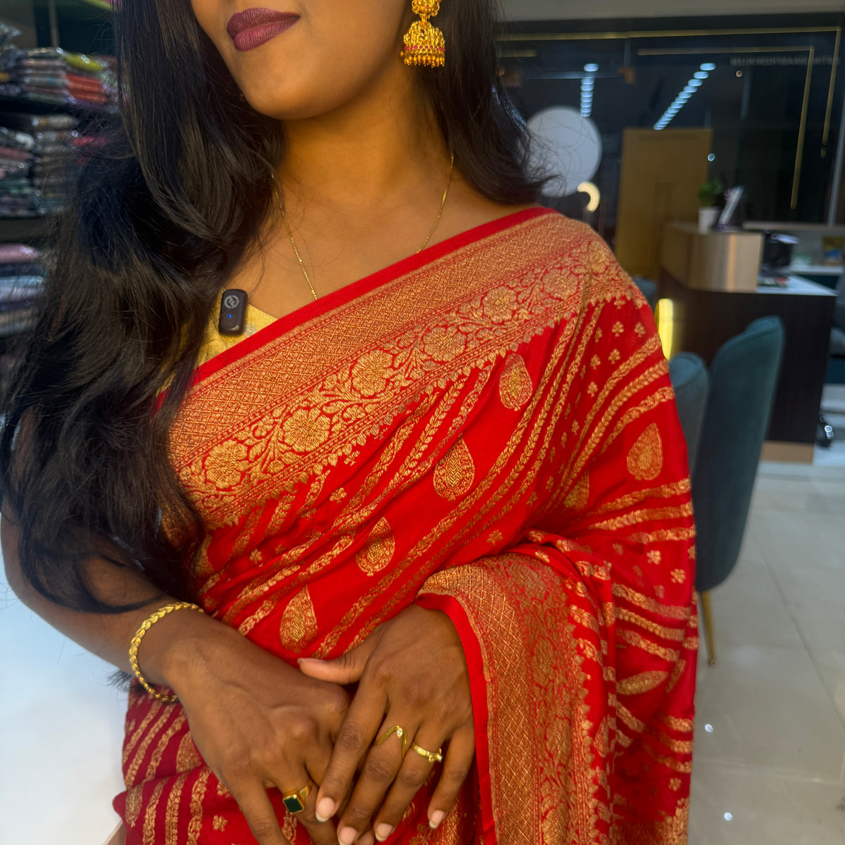 Red Pure Banarasi Crepe Self Saree 03