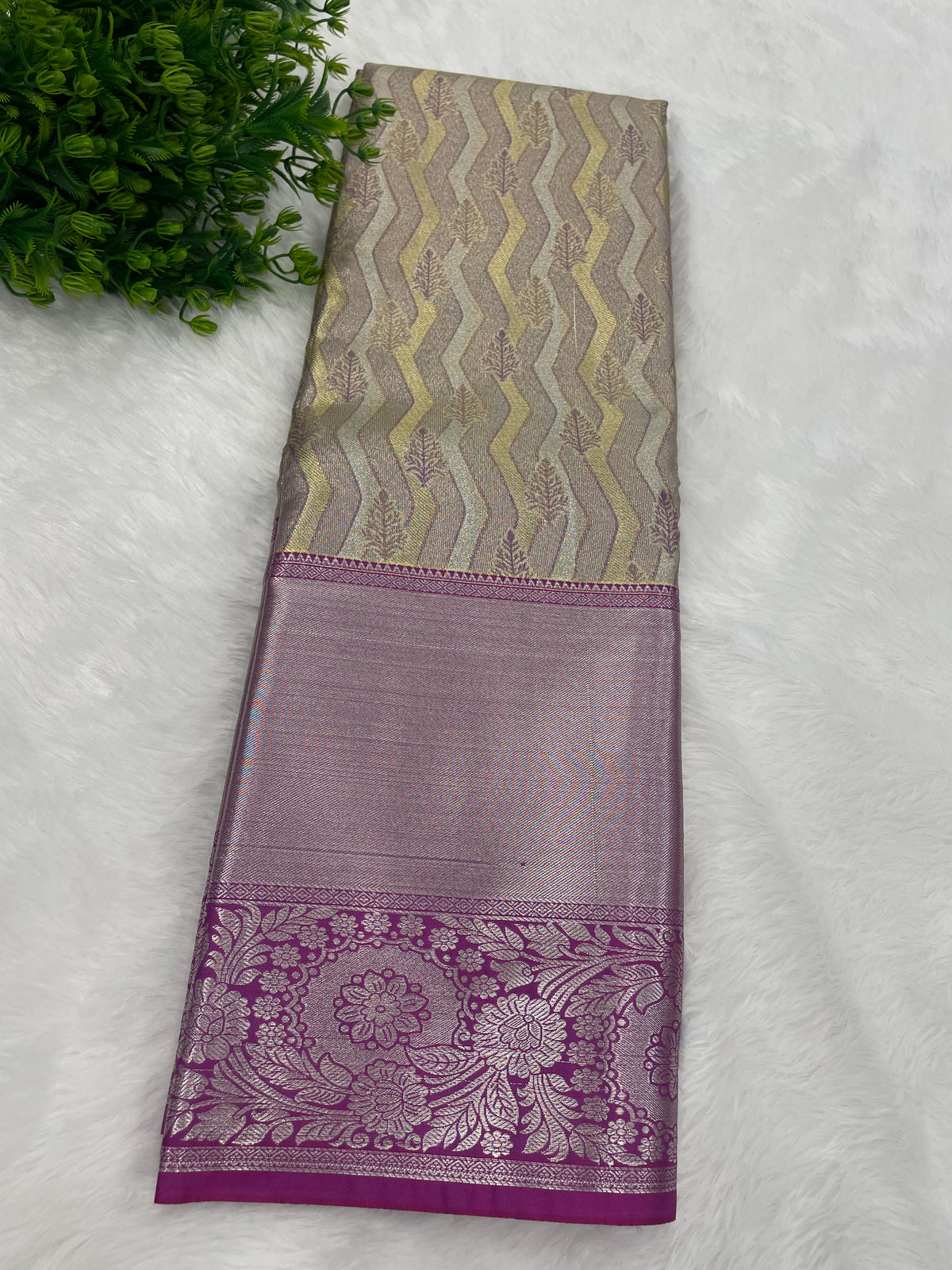 Gold n Pink Brocade Semi Kanchi Tissue Saree