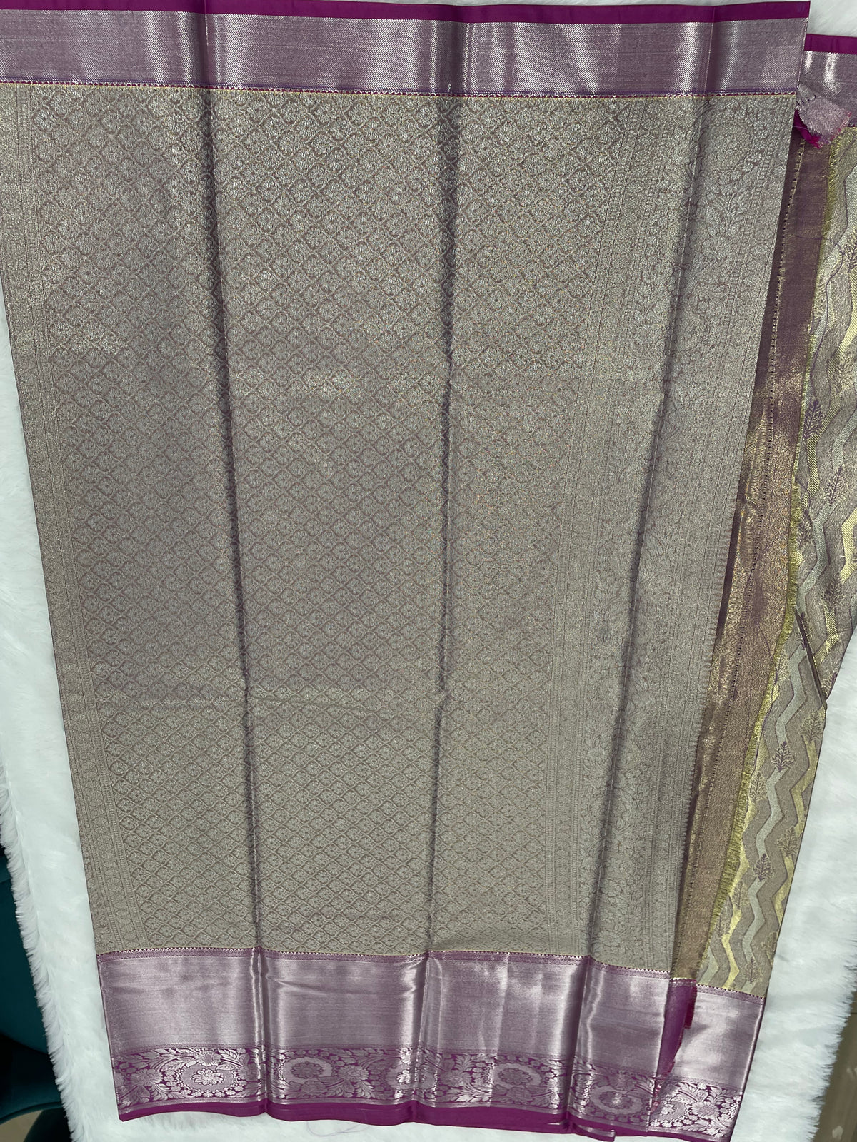 Gold n Pink Brocade Semi Kanchi Tissue Saree