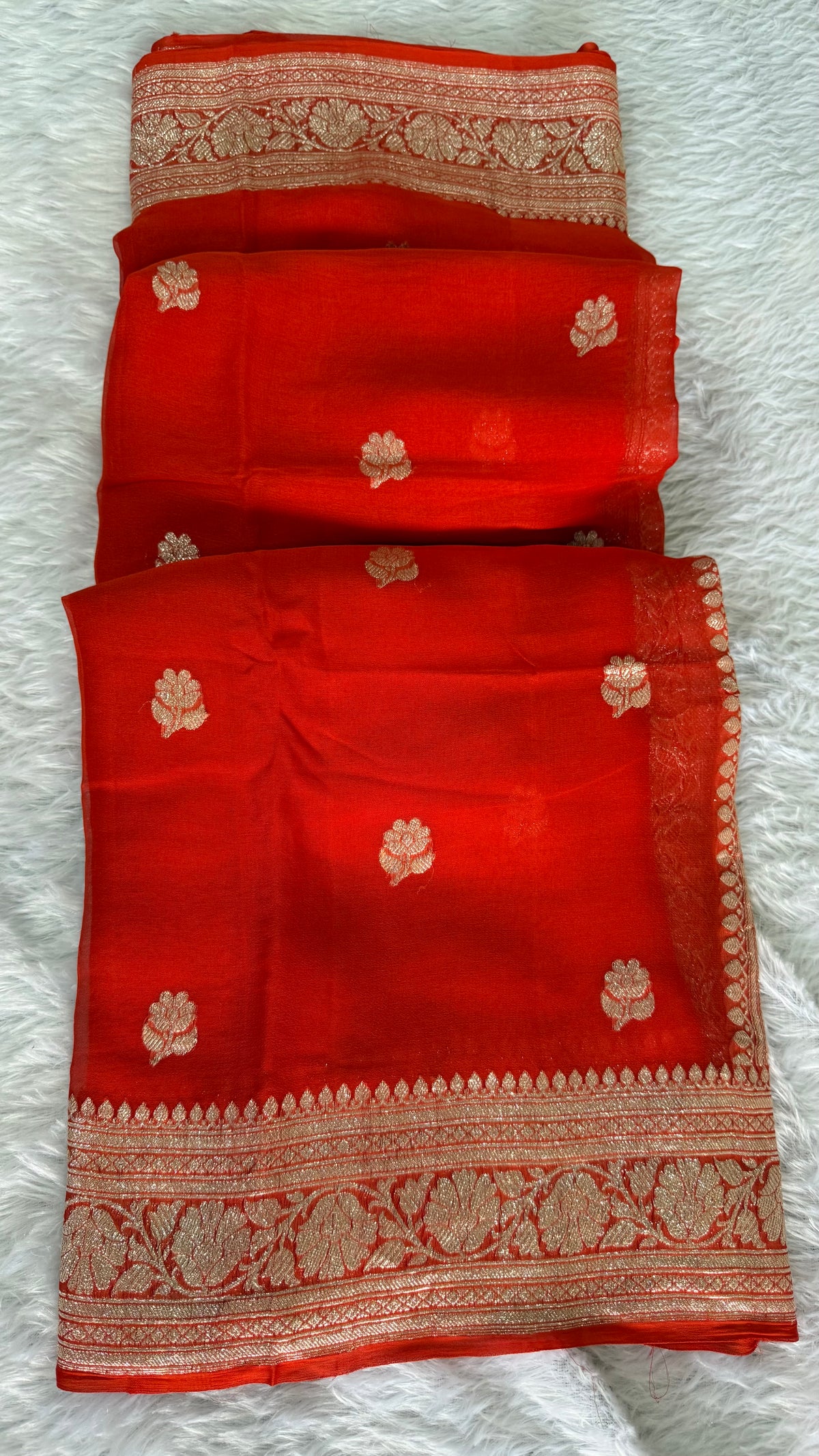 Rust Orange with Gold Zari Pure Khaddi Chiffon