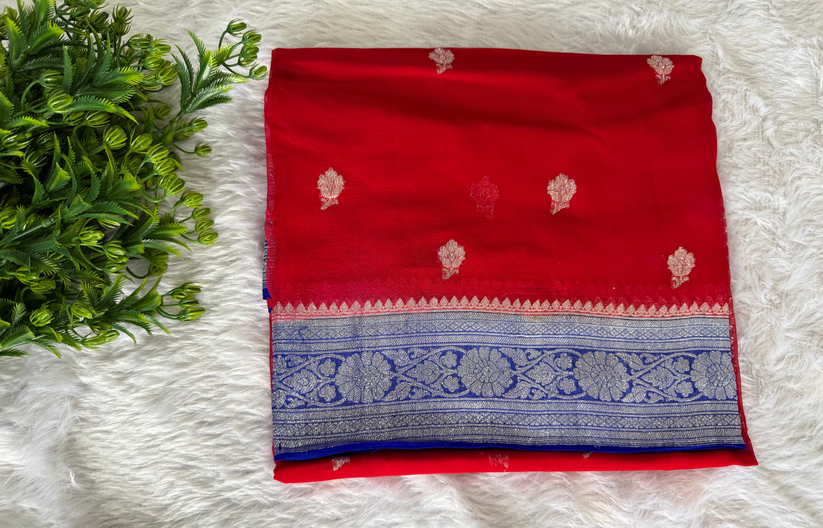 Red n blue with silver zari Pure Khaddi Chiffon