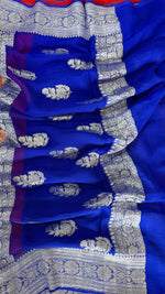 Red n blue with silver zari Pure Khaddi Chiffon