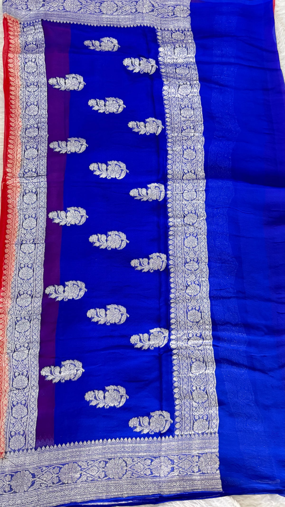 Red n blue with silver zari Pure Khaddi Chiffon