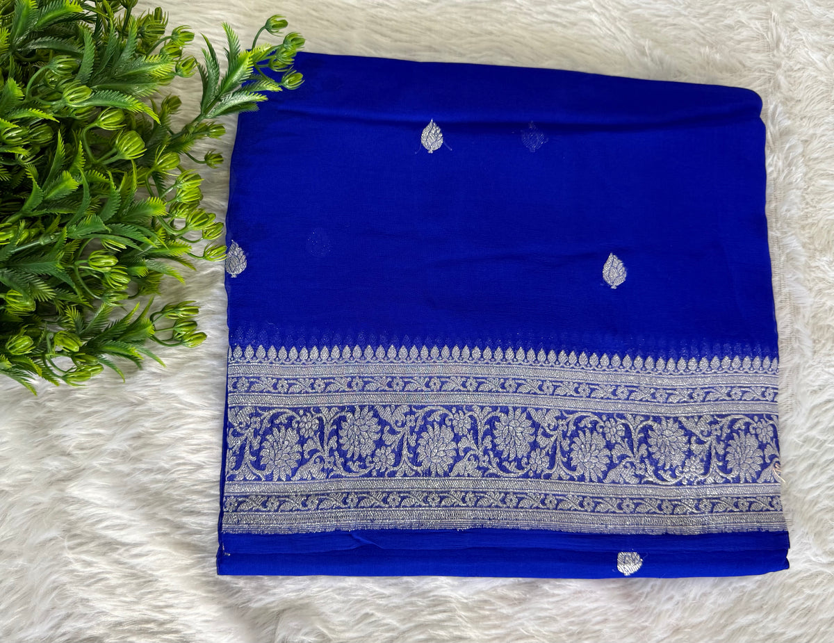 Royal Blue with Silver Zari Pure Khaddi Chiffon