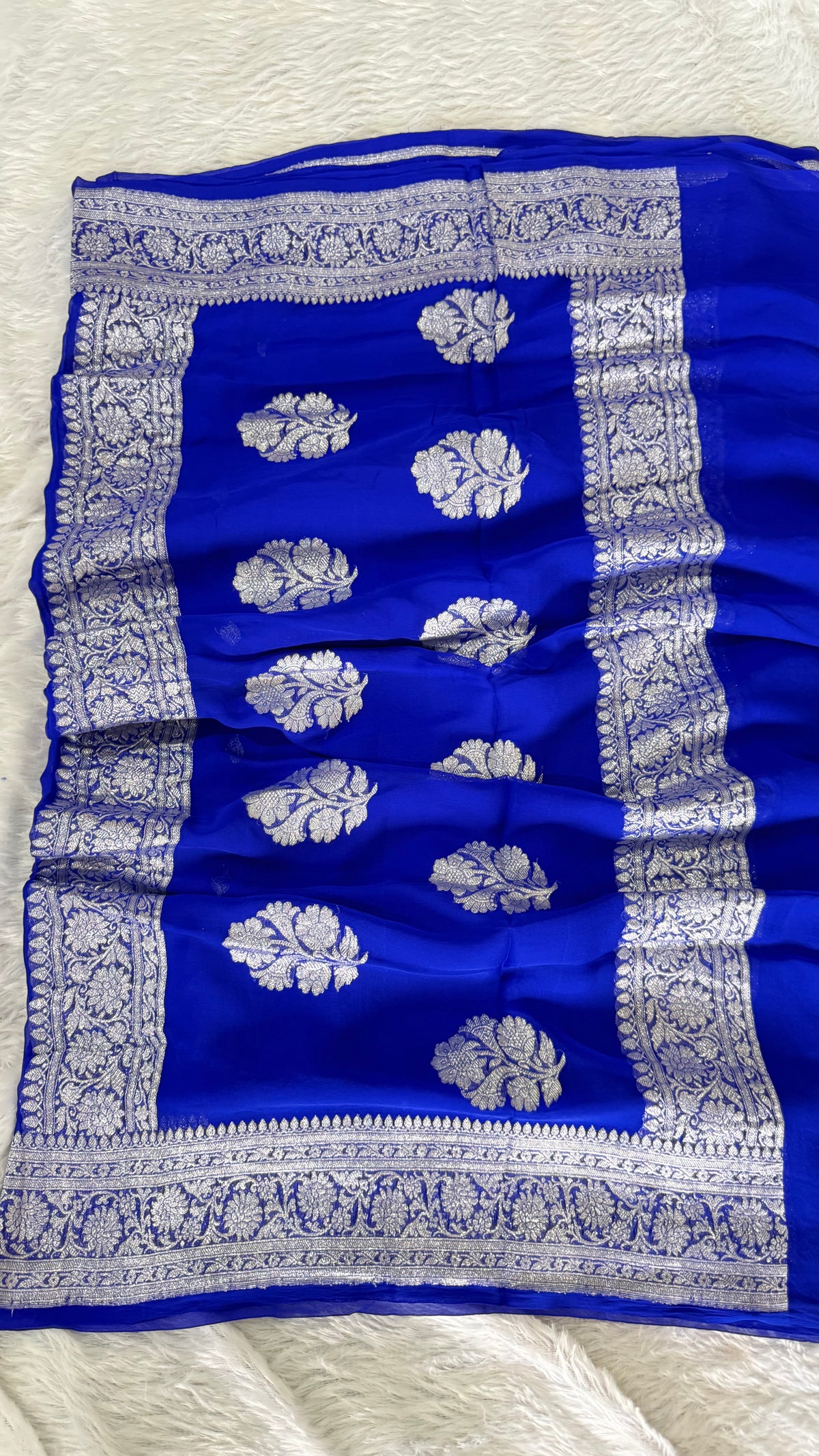 Royal Blue with Silver Zari Pure Khaddi Chiffon