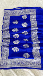 Royal Blue with Silver Zari Pure Khaddi Chiffon