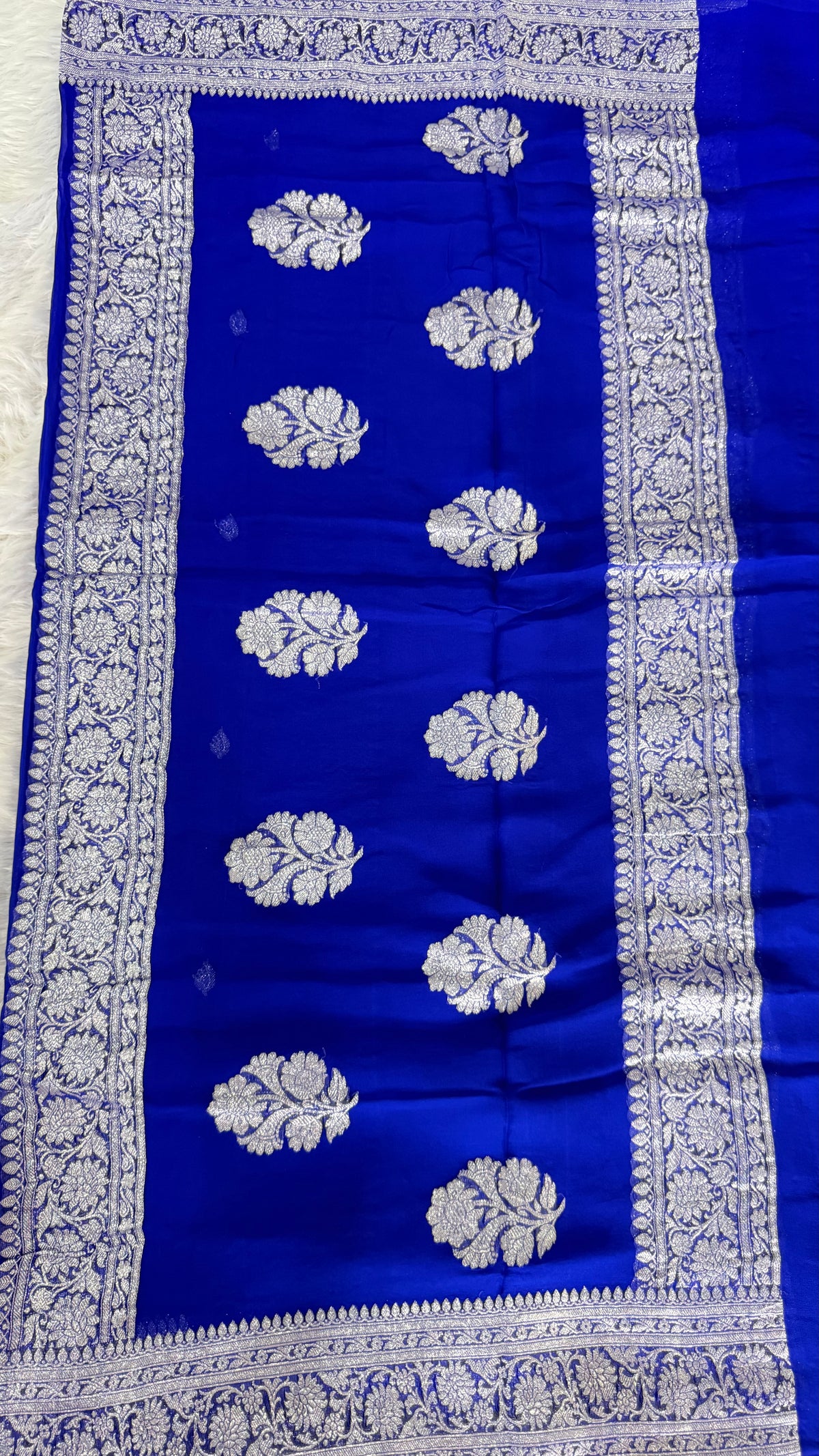Royal Blue with Silver Zari Pure Khaddi Chiffon