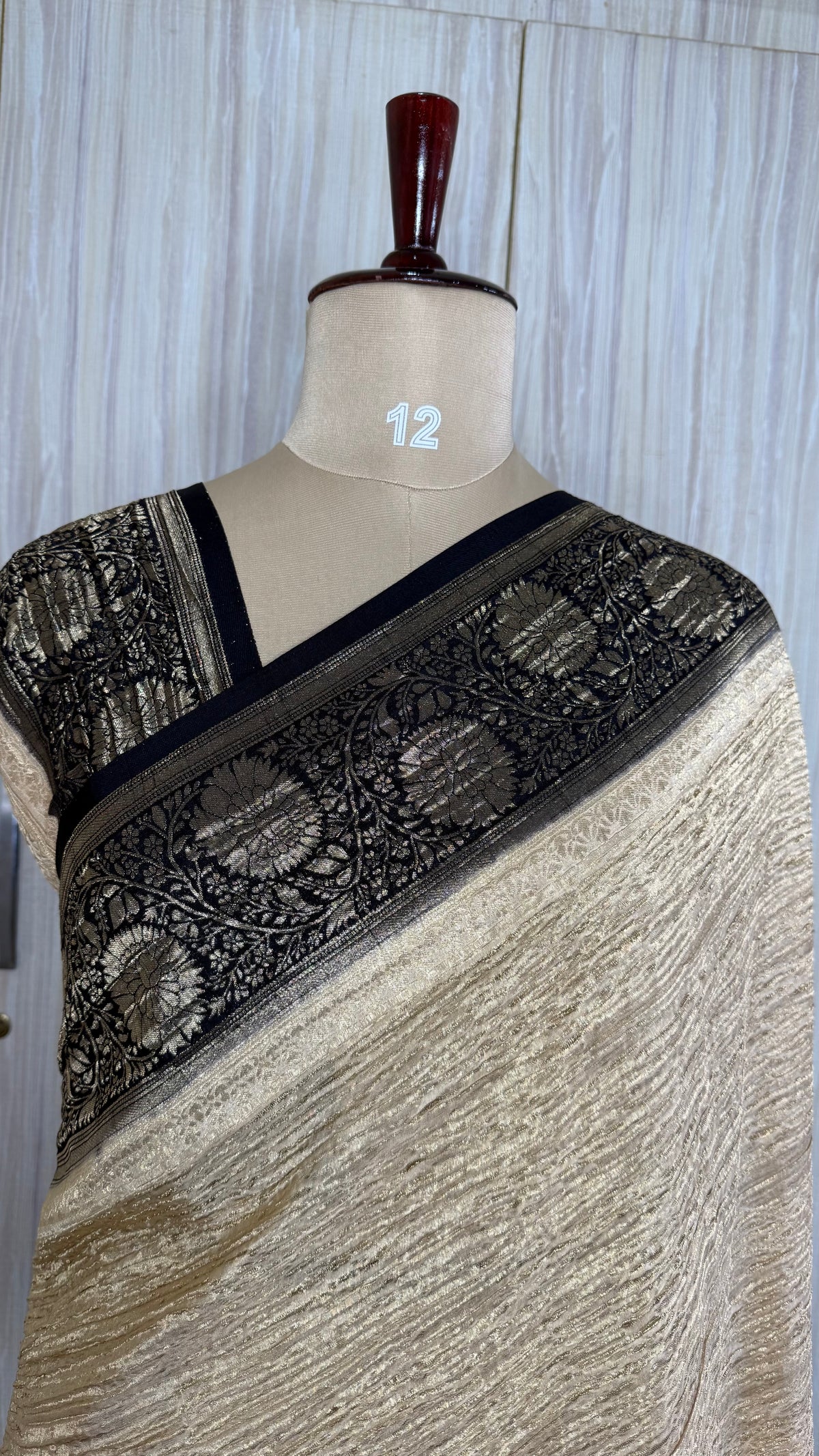 Cream and Black Crush Tissue Saree