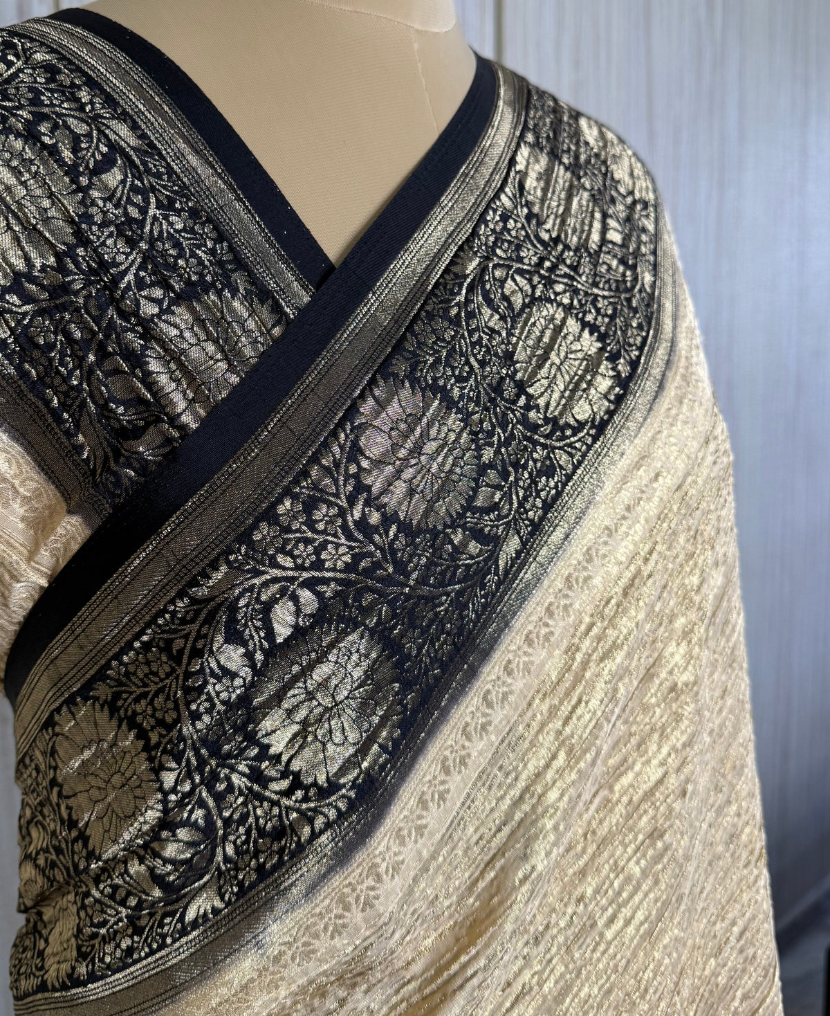 Cream and Black Crush Tissue Saree
