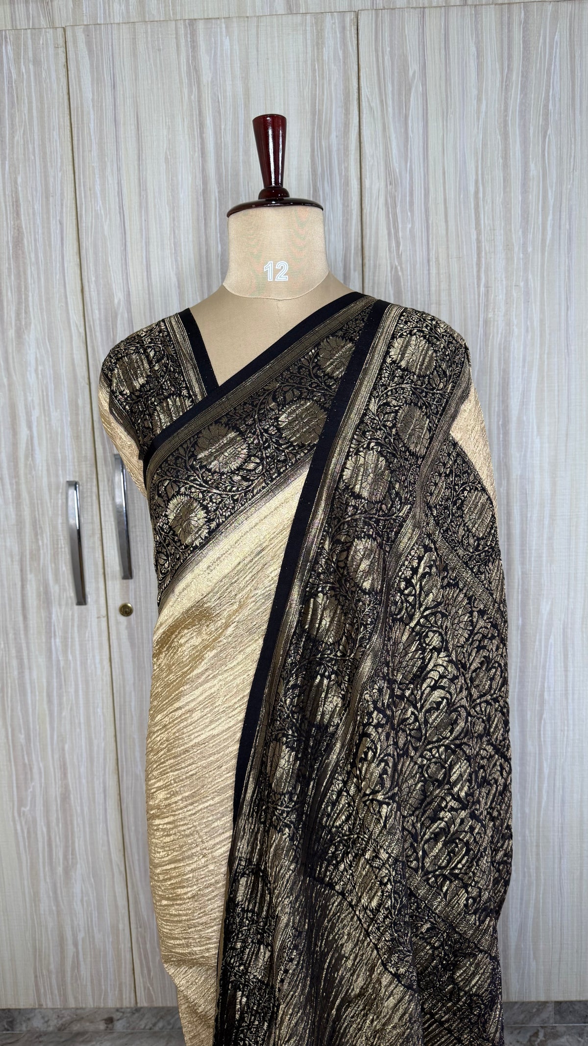 Cream and Black Crush Tissue Saree