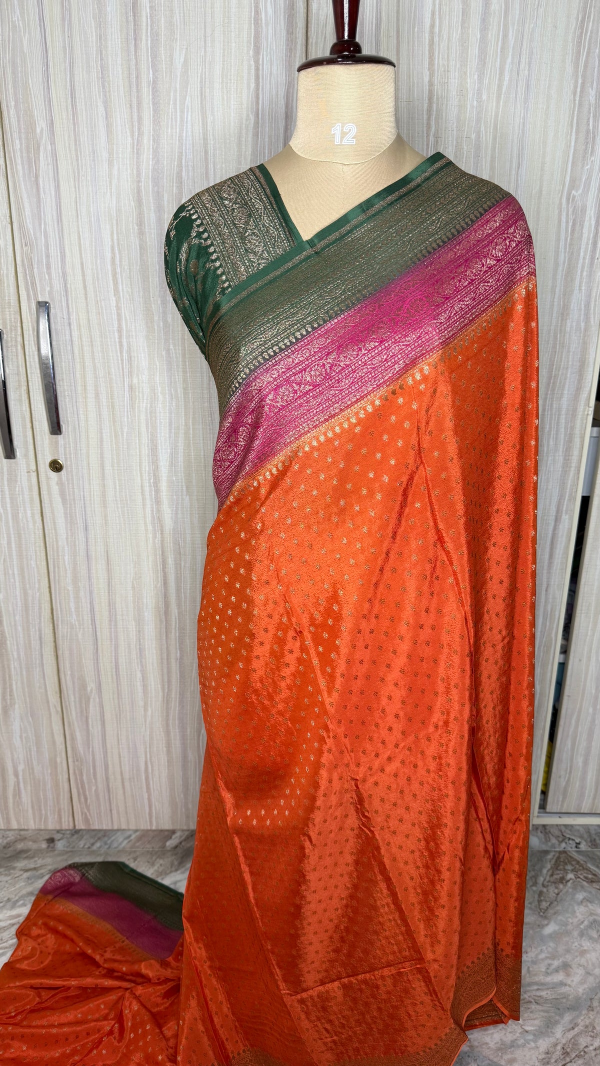 Orange Banarasi Crepe 3D Saree