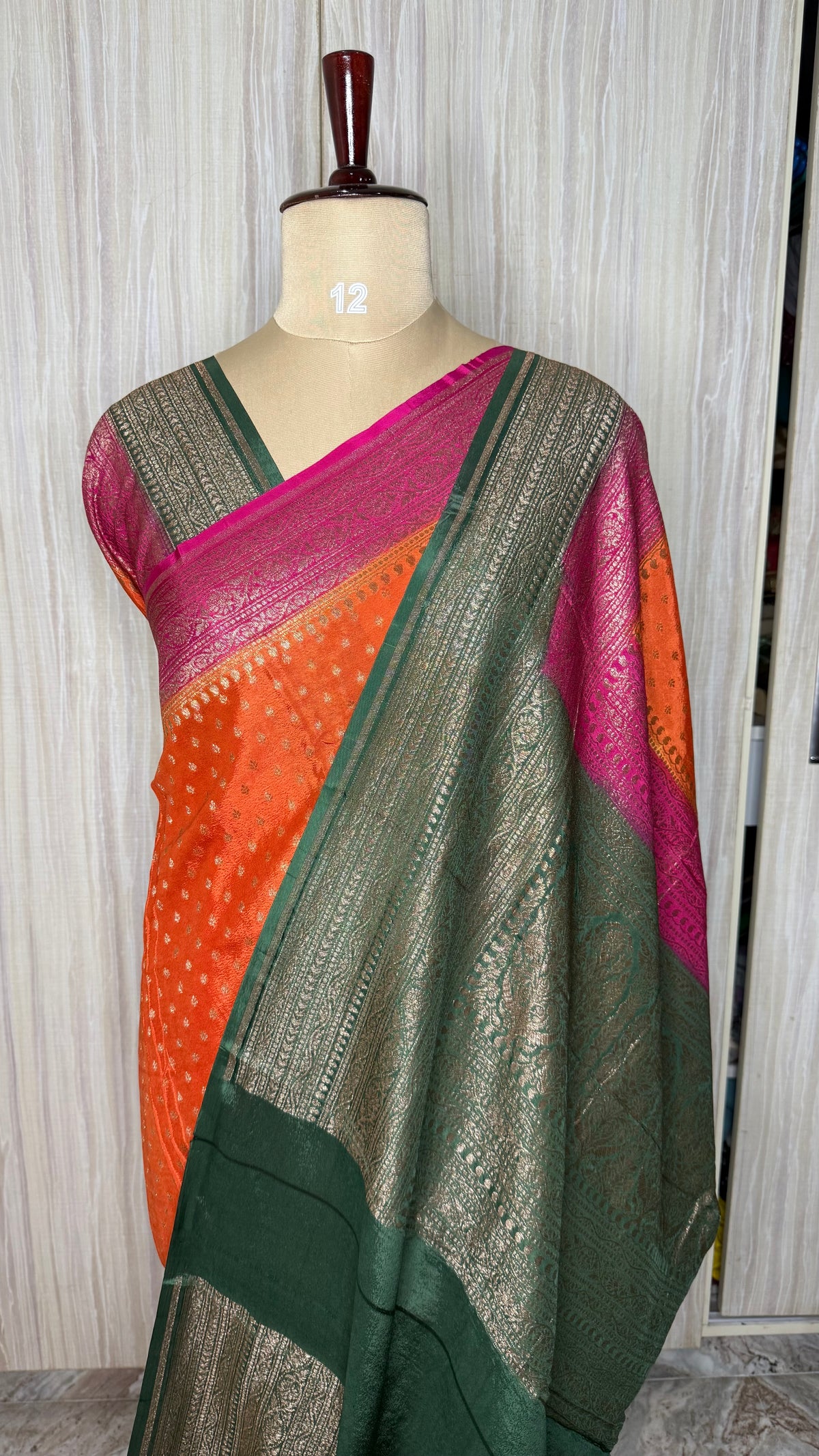 Orange Banarasi Crepe 3D Saree