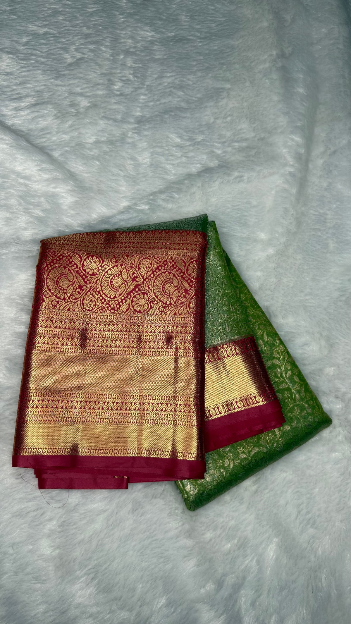 Pista Green n Red Border Tissue Semi Silk