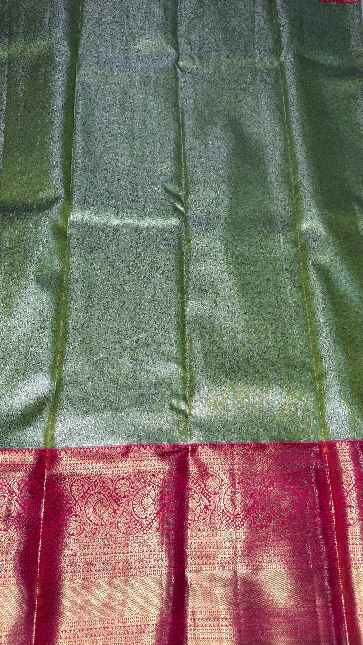 Pista Green n Red Border Tissue Semi Silk