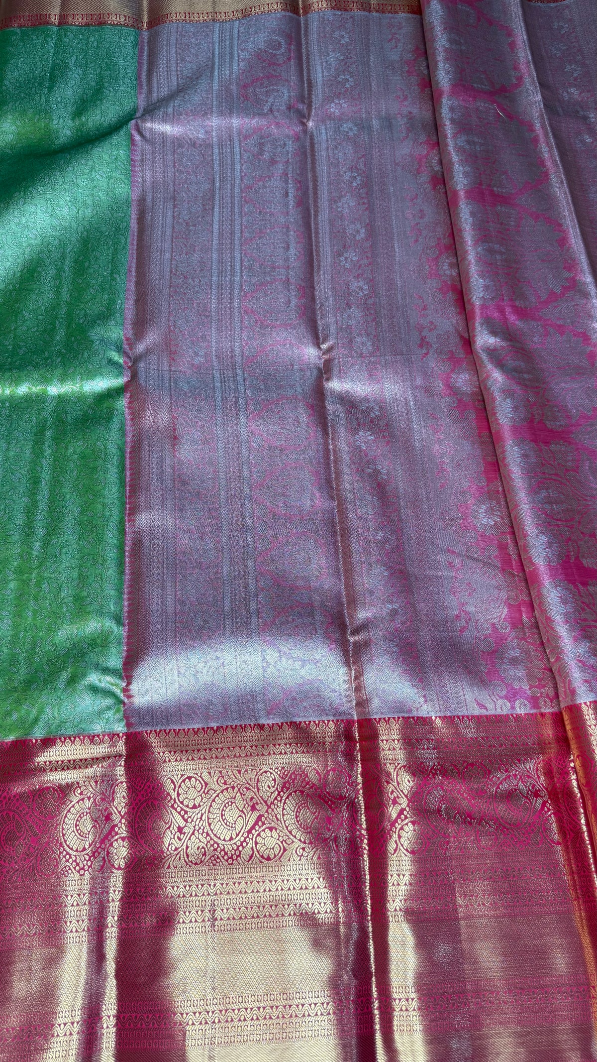 Pista Green n Red Border Tissue Semi Silk