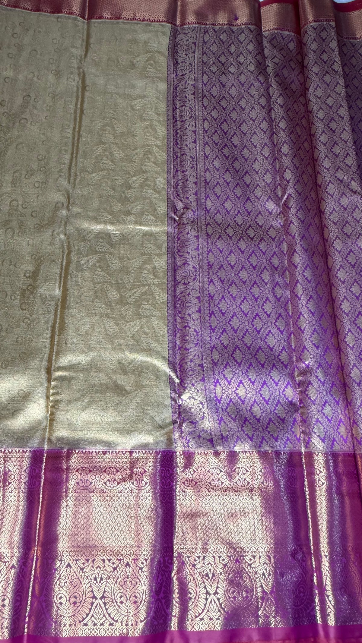 Gold Zari n Pink Border Tissue Semi Silk