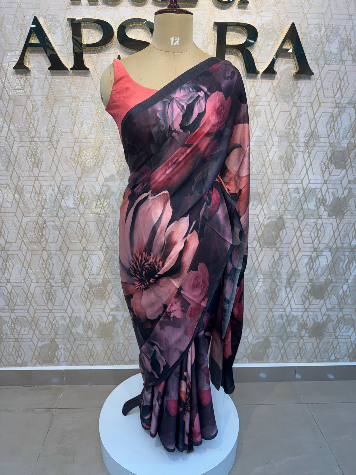 Black Floral Digital Print Saree