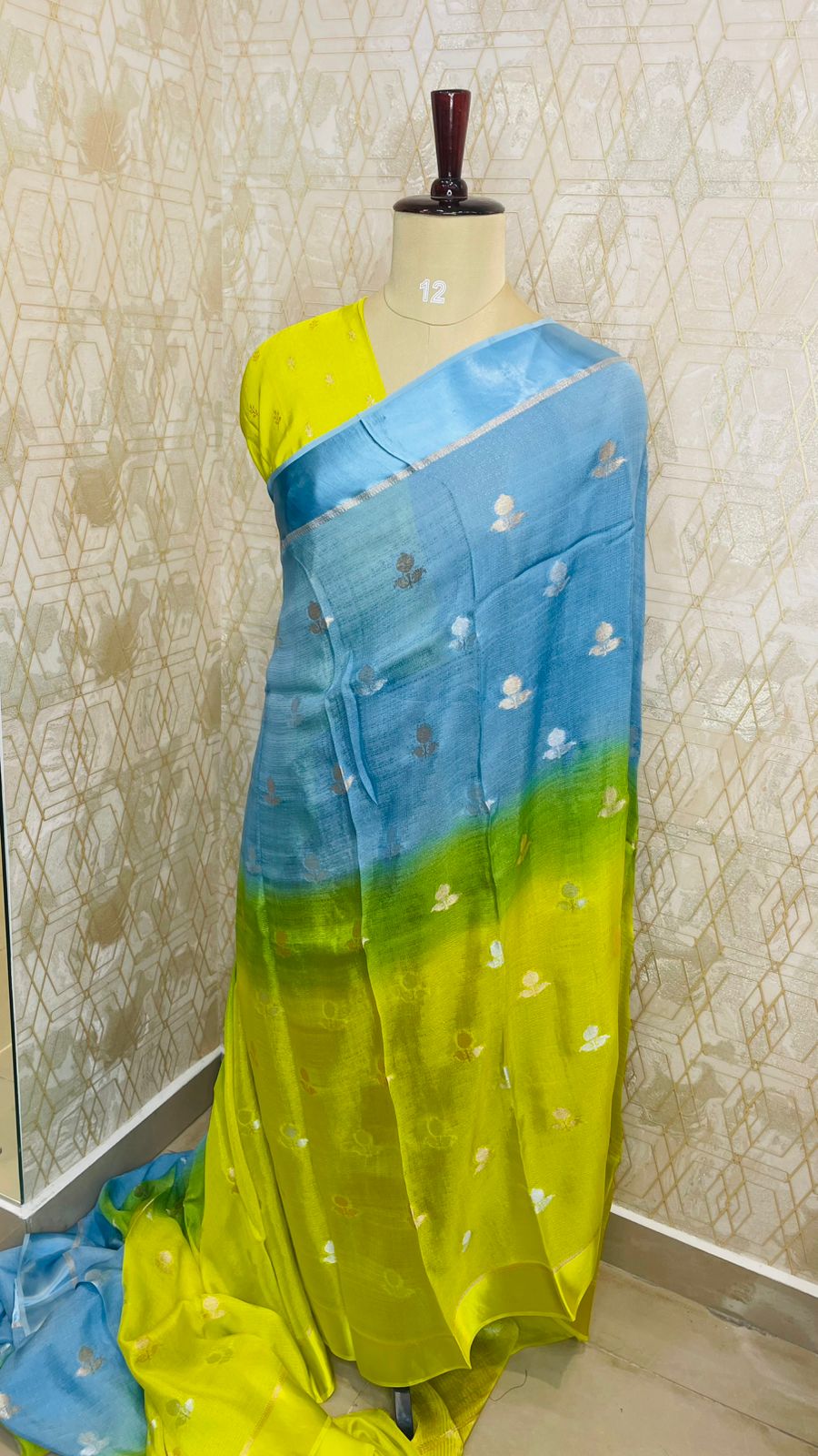 Neon Yellow and Blue Shaded Jute Linen Saree