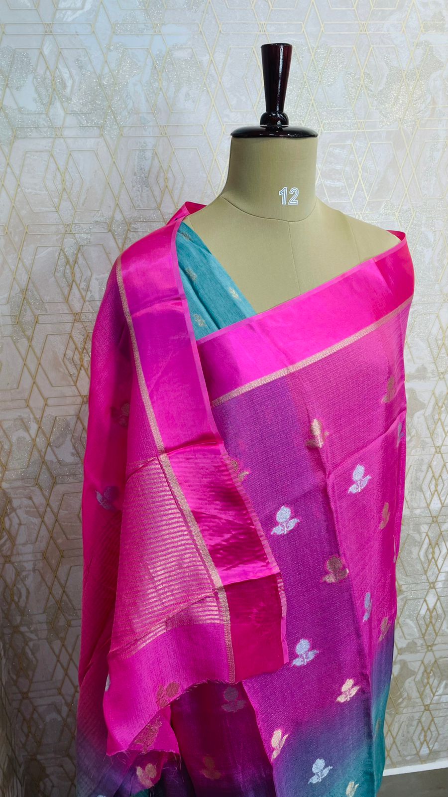 Pink and Blue Shaded Jute Linen Saree