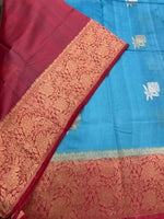 Sky Blue n Red Pure Katan Designer saree 02