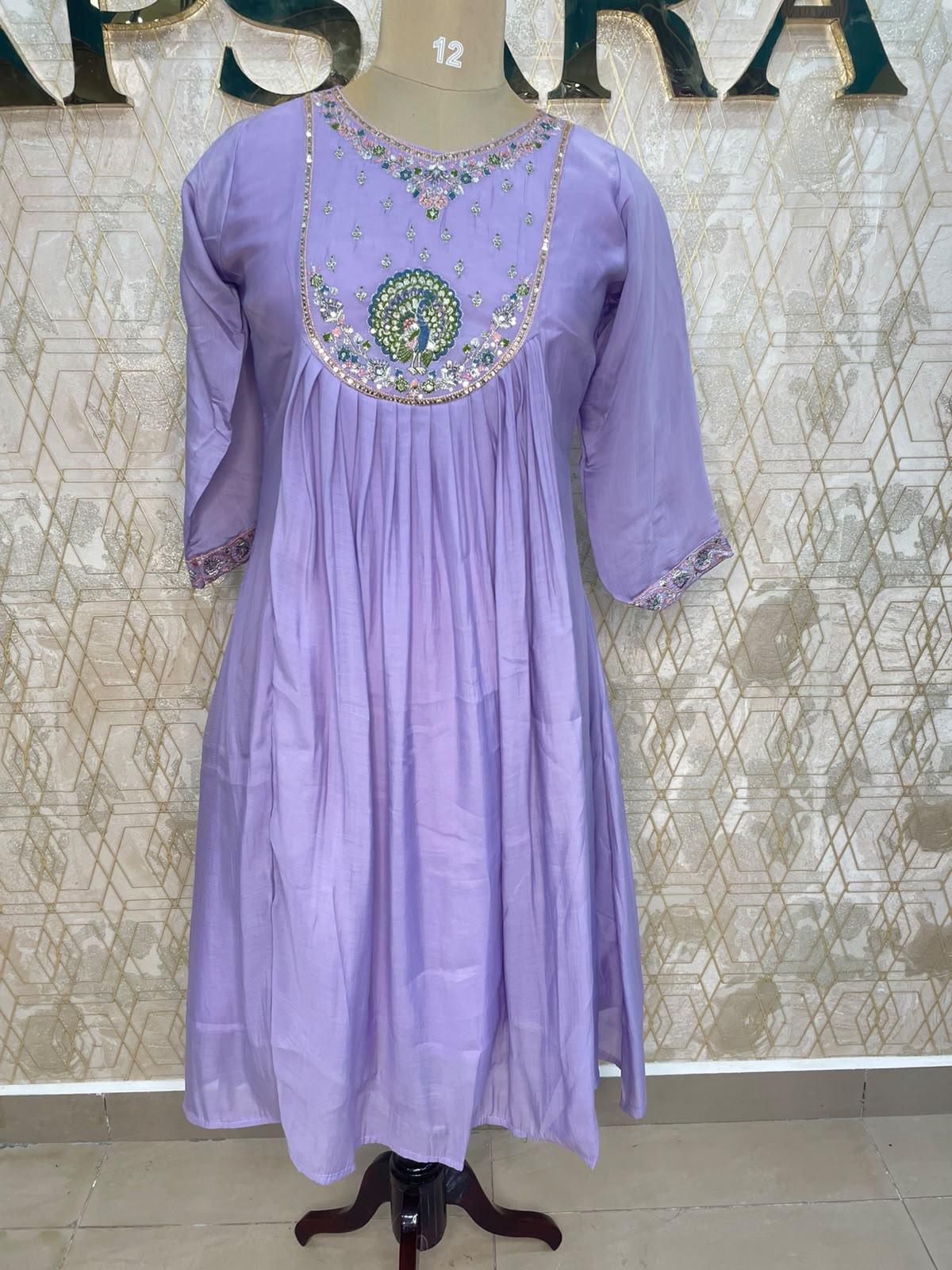 Lilac Mul Chanderi Silk Hand Embroidery Airline Alia Cut Kurtha 114