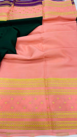Bottle Green n Peach 3D Pure Mysore Silk Crepe Saree 01
