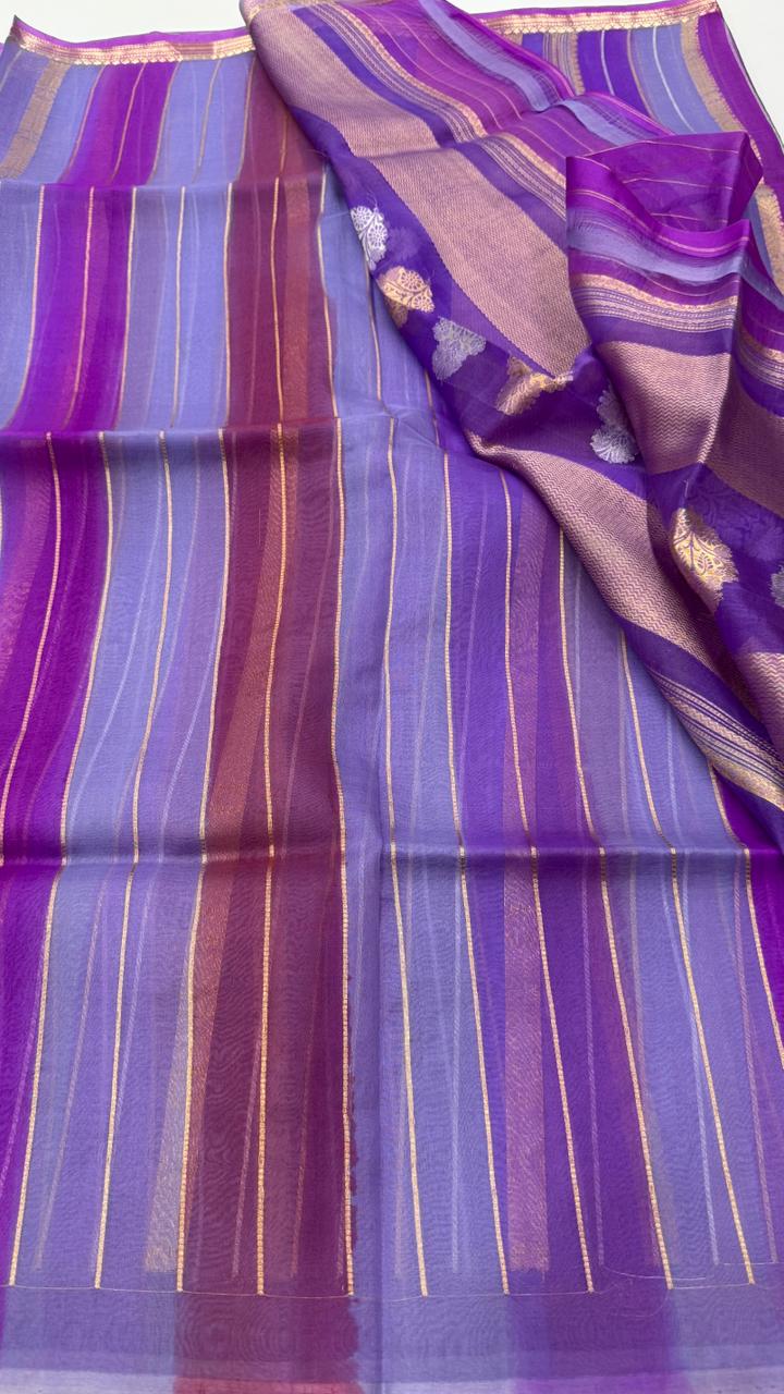 Purple Pure Rangkart Kora Stripes Organza saree 02