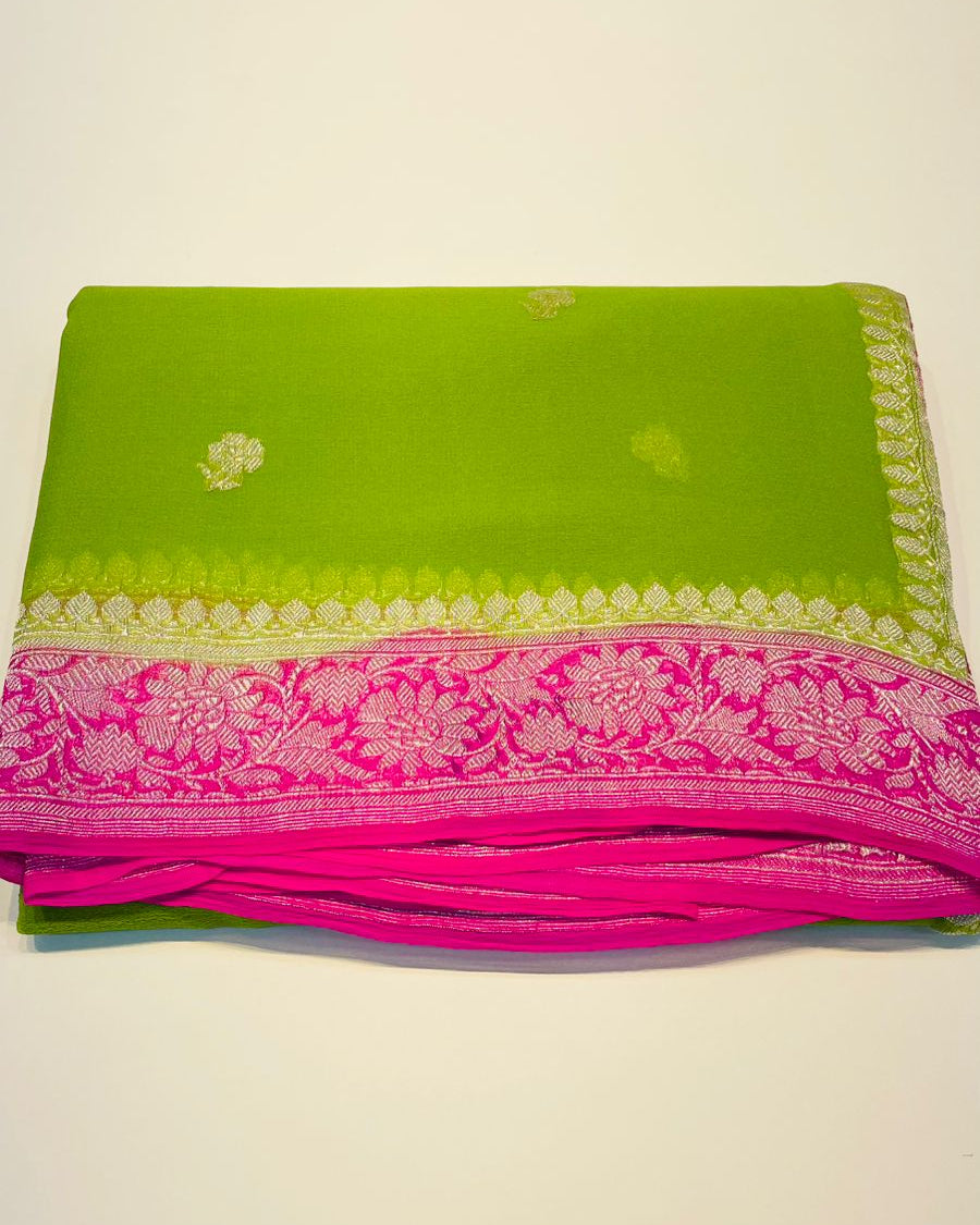 Green n Pink With Silver Zari Pure Khaddi Chiffon