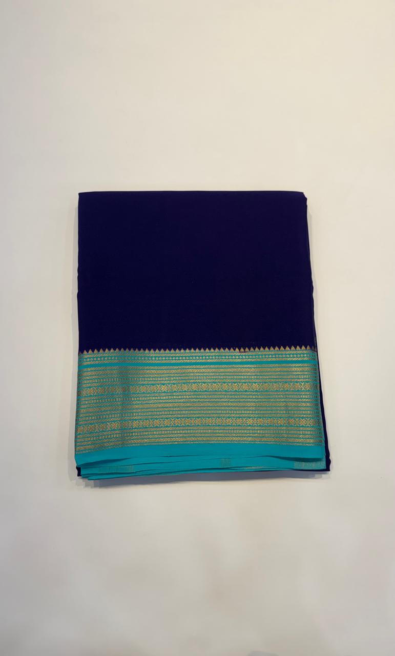 Navy Blue Pure Mysore Silk Crepe Saree 01