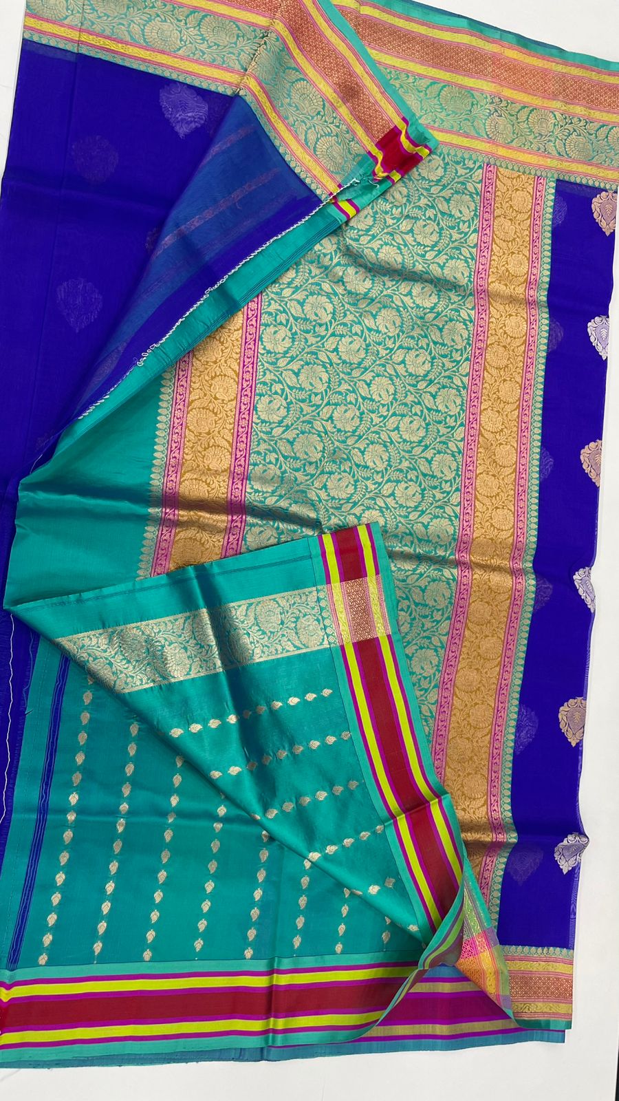 Royal Blue Pure Kora Katan Designer saree 02