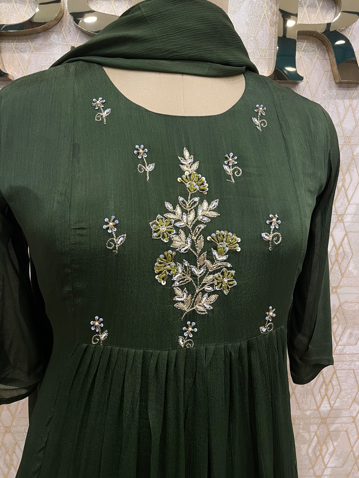 Green Chinnon Handwork Airline Kurtha 112