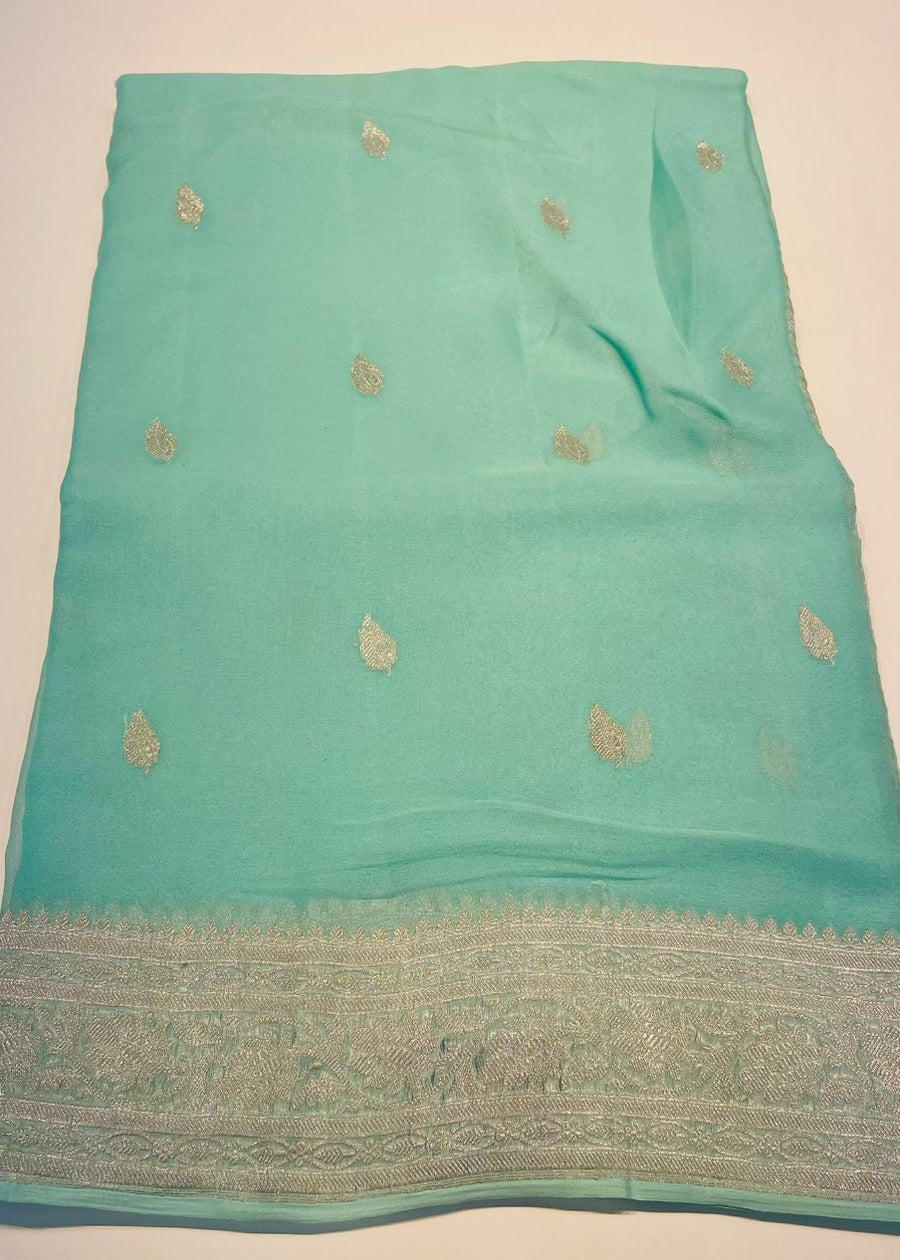 Sky Blue With Silver Zari Pure Khaddi Chiffon