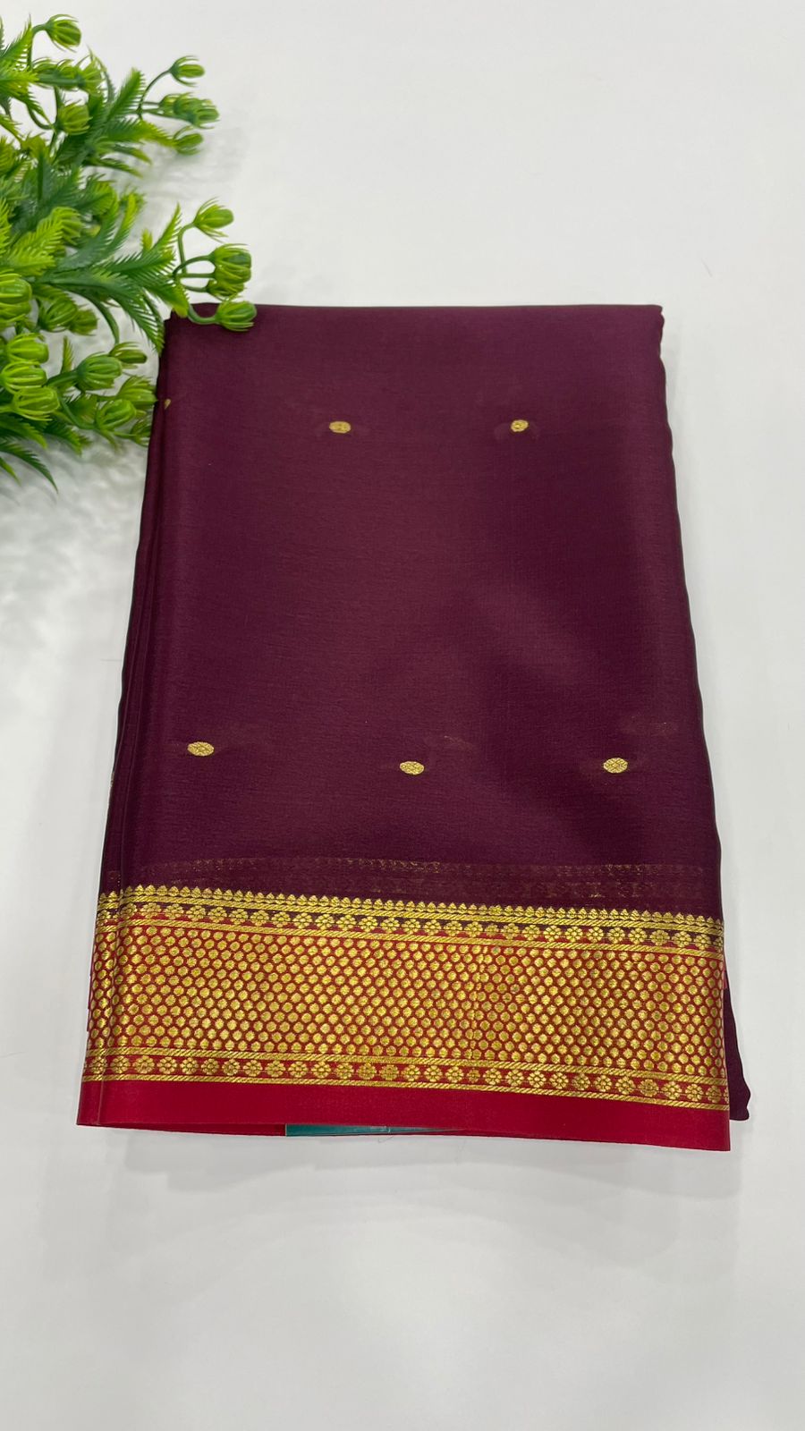 Dark Brown n Red Pure Mysore Silk Crepe Saree 01