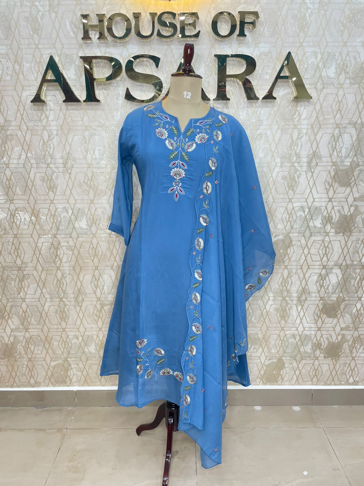 Blue Mul Chanderi Silk Hand Embroidery Airline Kurtha 114