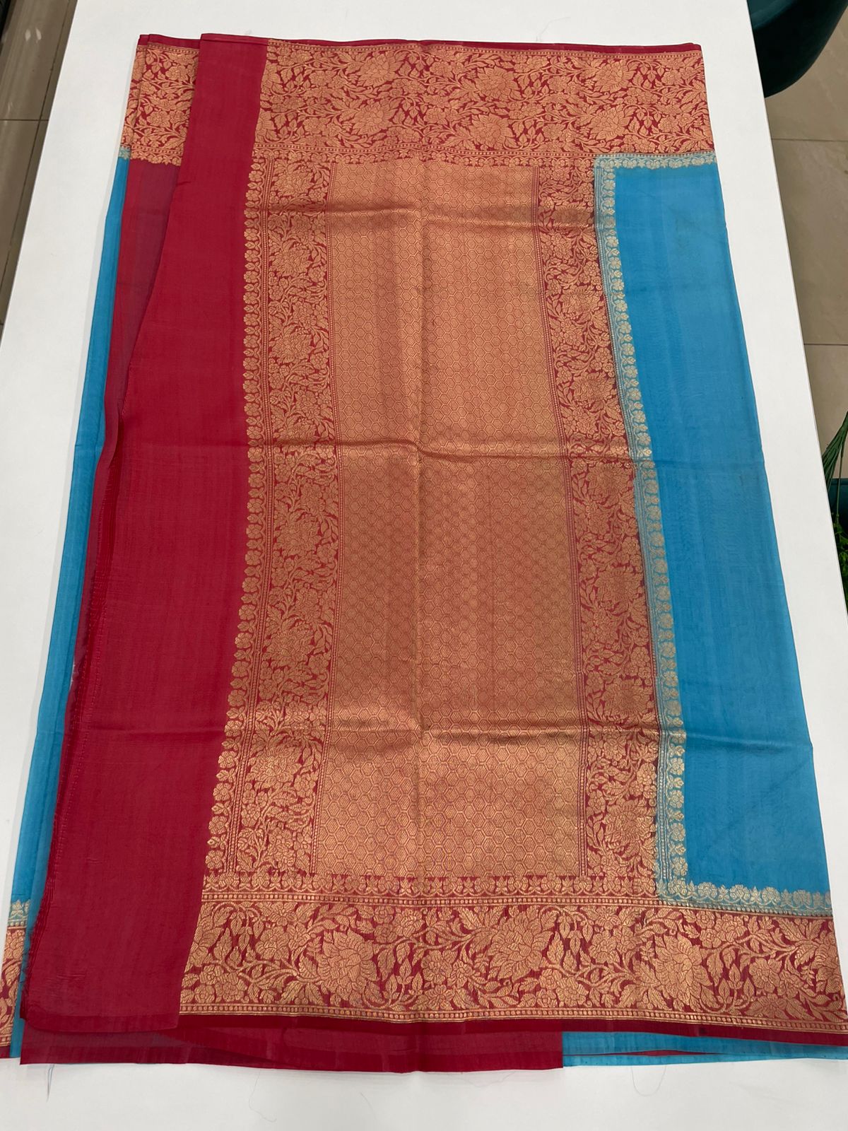 Sky Blue n Red Pure Katan Designer saree 02