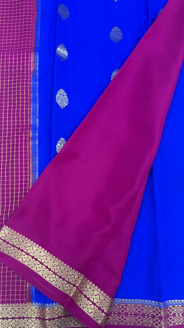 Royal Blue Big Butta Pure Mysore Silk Crepe Saree 01