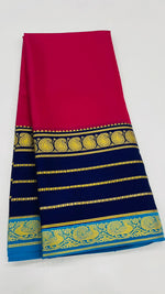 Rani Pink n Dark Blue 3D Pure Mysore Silk Crepe Saree 01