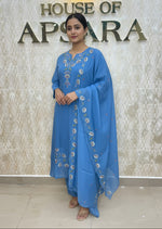 Blue Mul Chanderi Silk Hand Embroidery Airline Kurtha 114