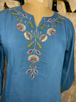Blue Mul Chanderi Silk Hand Embroidery Airline Kurtha 114