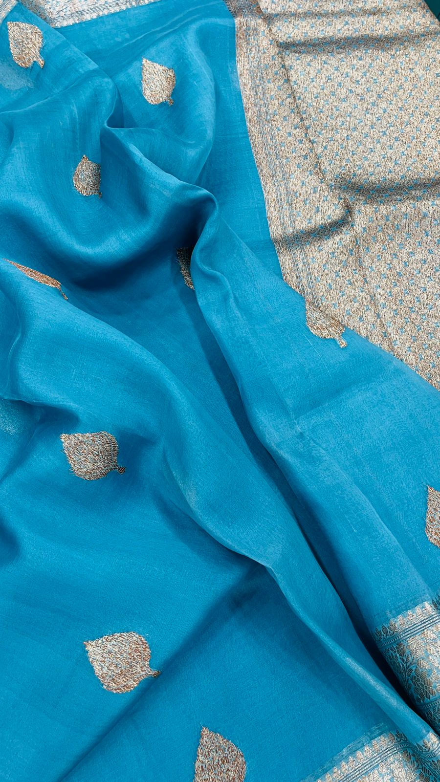 Blue Pure Kora Organza Antique saree 02