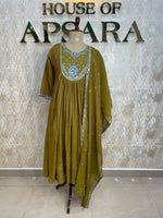 Mehendi Green Mul Chanderi Silk Hand Embroidery Airline Alia Cut Kurtha 114