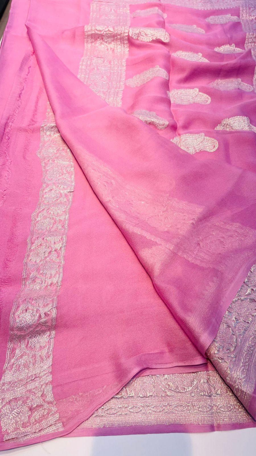 Baby Pink With Silver Zari Pure Khaddi Chiffon