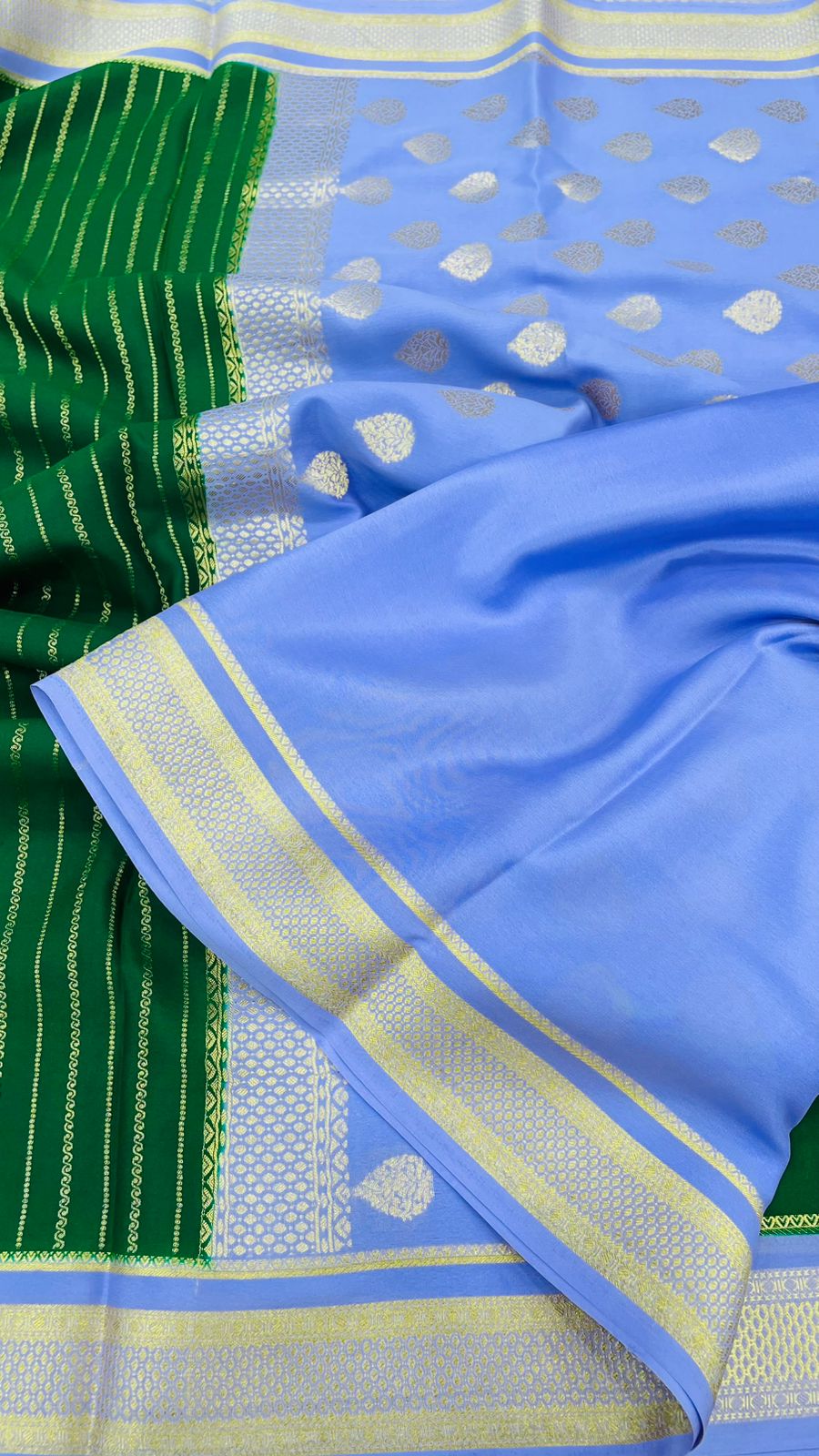 Bottel Green Stripes Pure Mysore Silk Crepe Saree 01
