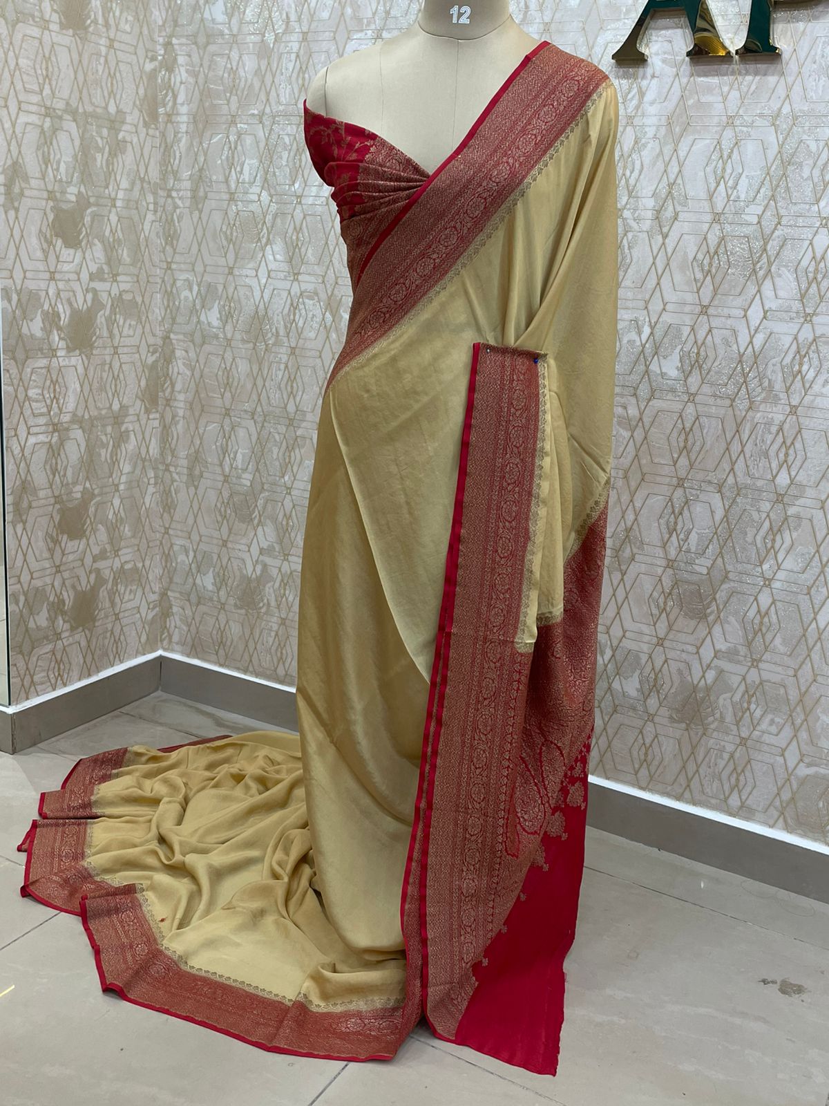 Cream n Red Pure Banarasi Crepe Saree 03