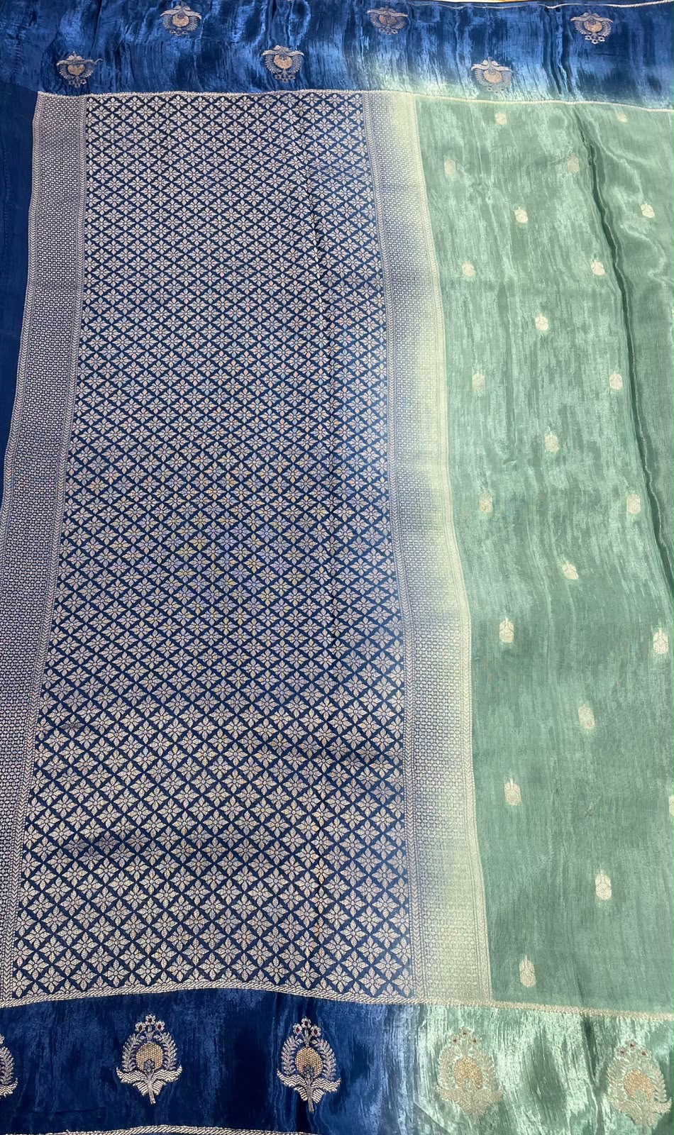 Sea Green n Blue Matka Silk with Satin Border Saree 14
