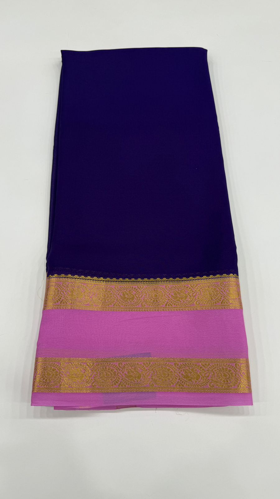 Navy Blue n Pink Pure Mysore Silk Crepe Saree 01