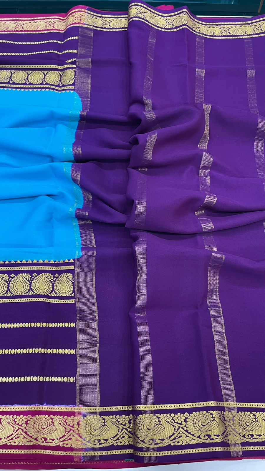 Blue n Purple 3D Pure Mysore Silk Crepe Saree 01
