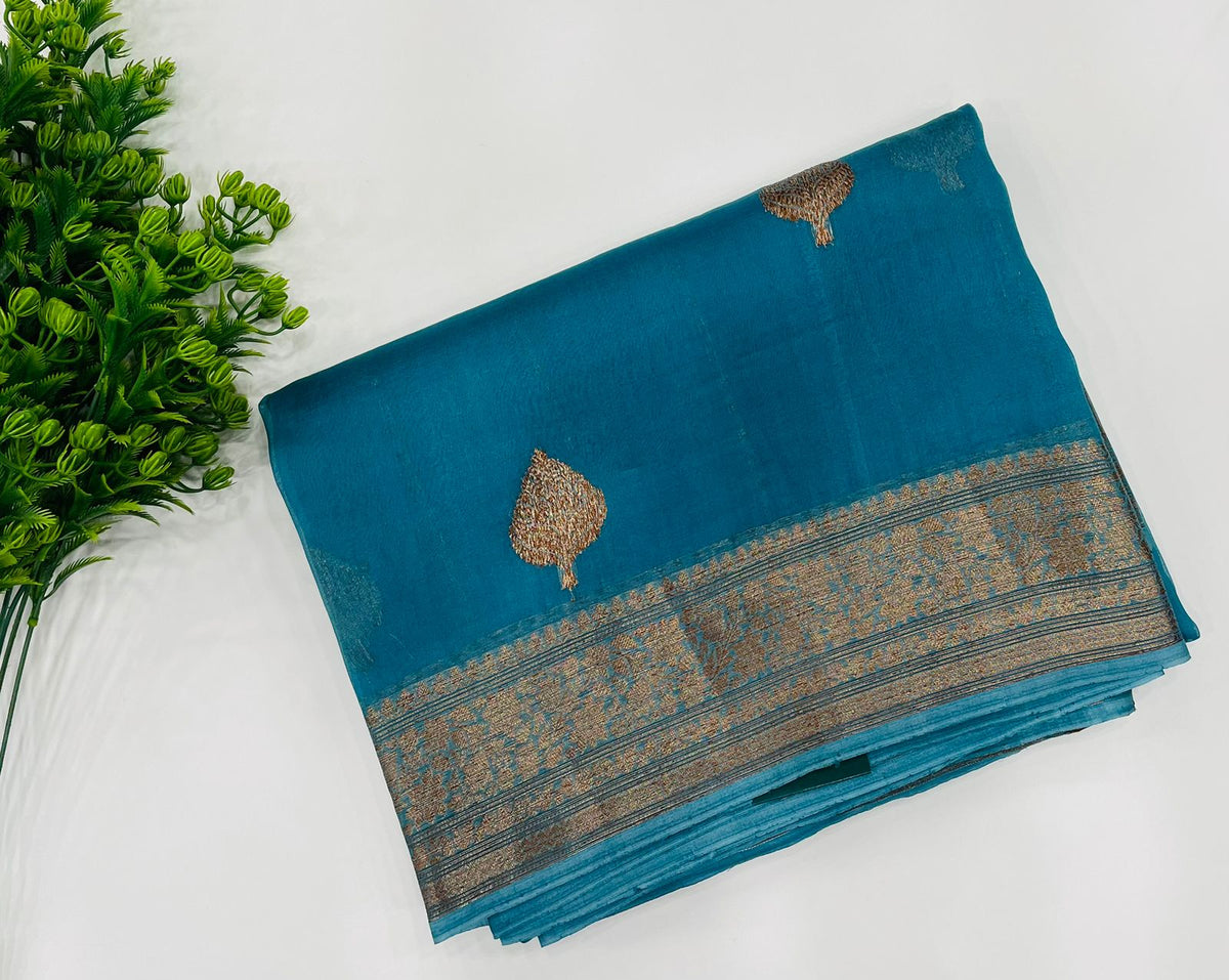 Blue Pure Kora Organza Antique saree 02