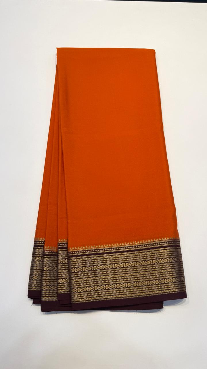 Rust Orange Pure Mysore Silk Crepe Saree 01