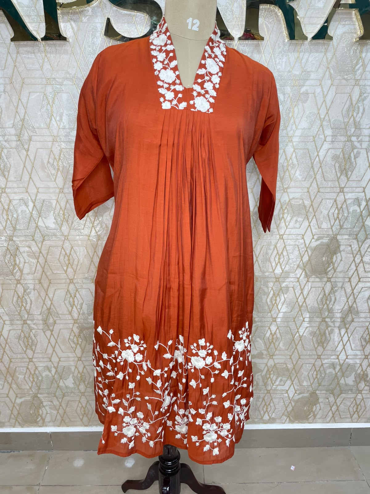 Orange Mul Chanderi Silk Hand Embroidery Kurtha 114